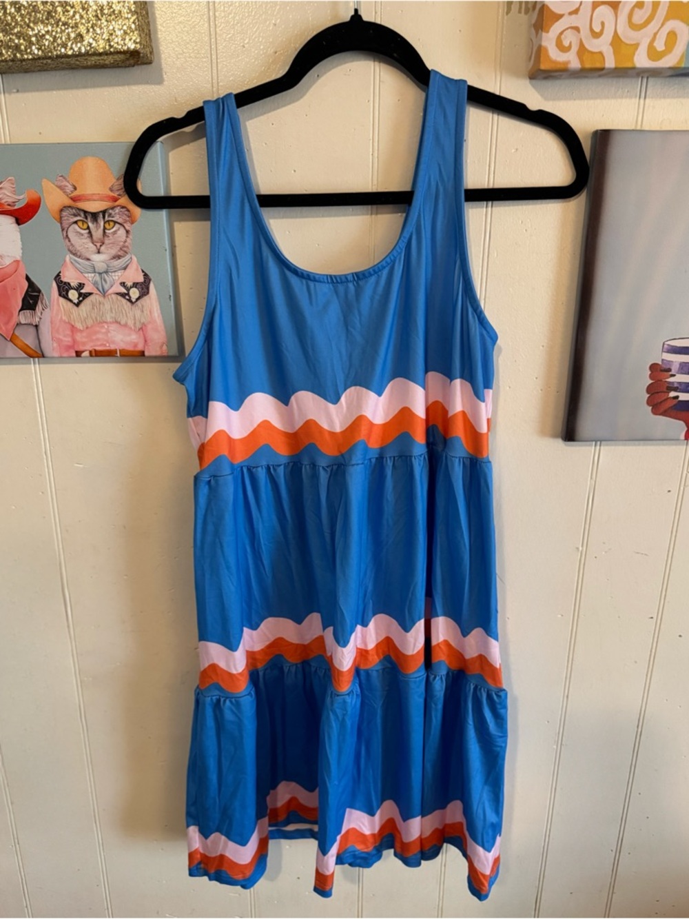 Blue Sleeveless Tiered Summer Dress with Pink and Orange Waves